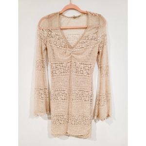 Arden B Lined Lace V-Neck Cocktail Dress w Long Trumpet Sleeves Size S Ivory